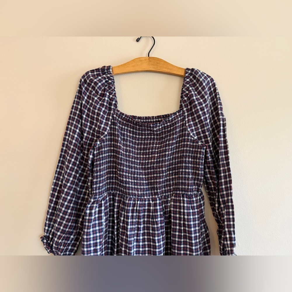 J Crew Womens Dress Plaid Flannel Cottage Puff Sleeve Smocked Midi Navy Size L - Picture 4 of 14